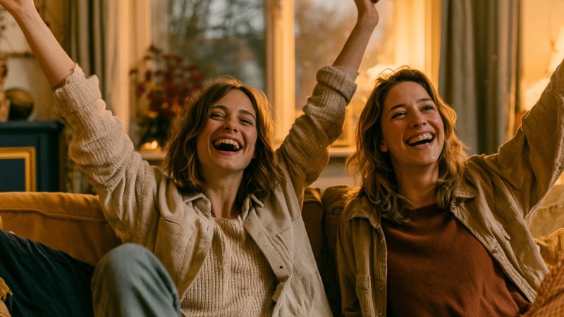 Zwei Freundinnen jubeln gemeinsam vor Freude auf dem Sofa